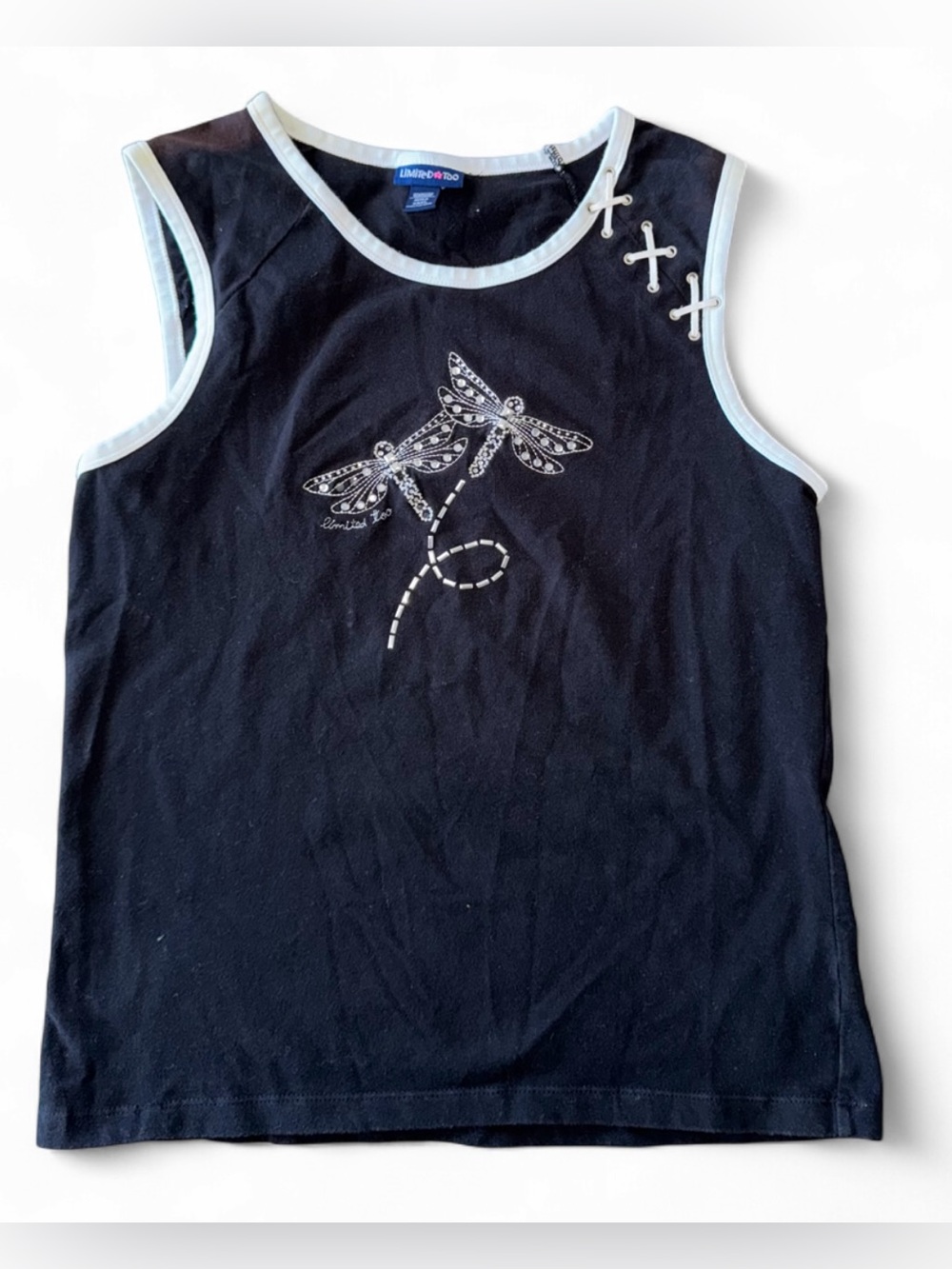 Vintage Limited Too Black Dragonfly Embroidered Tank Top White Trim Juniors 3XL